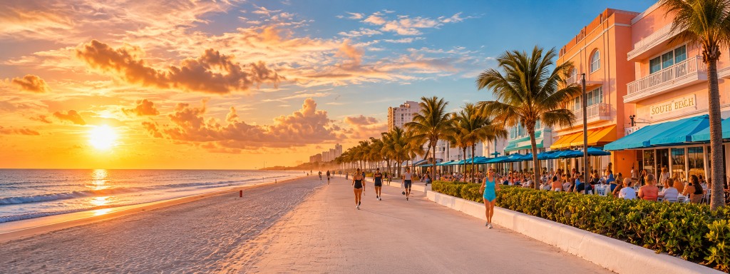 South Beach promenade at sunset, with palm trees along the shore