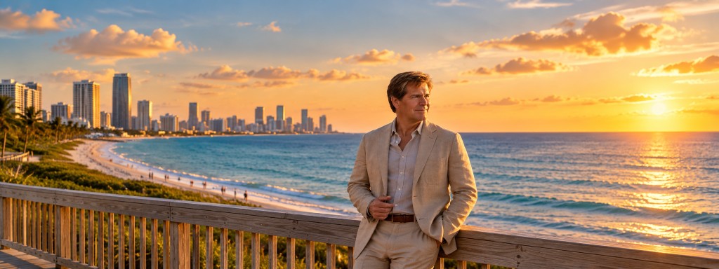 A man in a light suit on a boardwalk, with the Miami skyline and sunset behind him