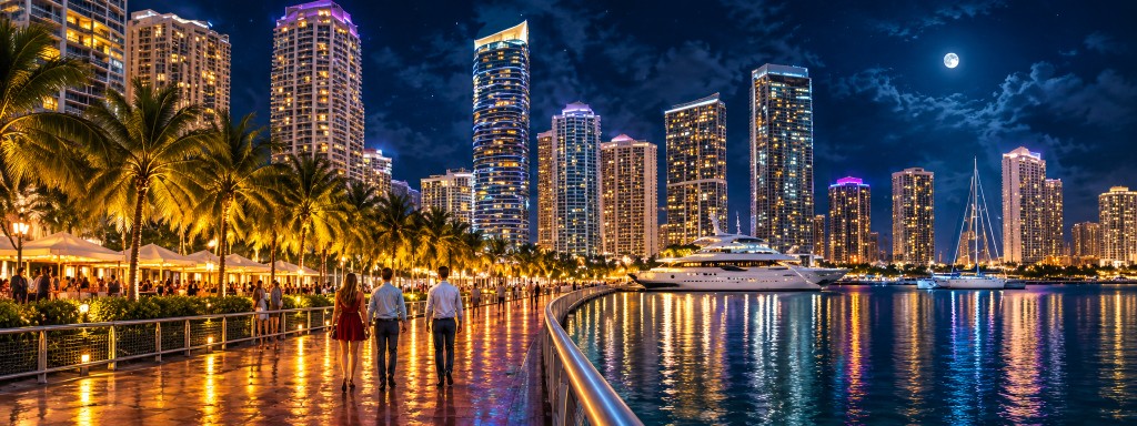 A moonlit Miami waterfront promenade, with palm trees, a yacht, and the skyline