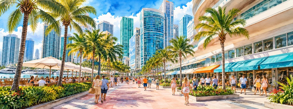 A sunny Miami waterfront promenade lined with palm trees, cafes, and glass towers