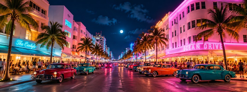 Classic cars on Ocean Drive at night, under neon signs and palm trees