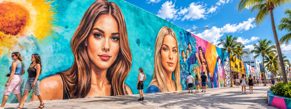 A sunny Miami sidewalk beside a long mural of two women, palm trees, and bright color